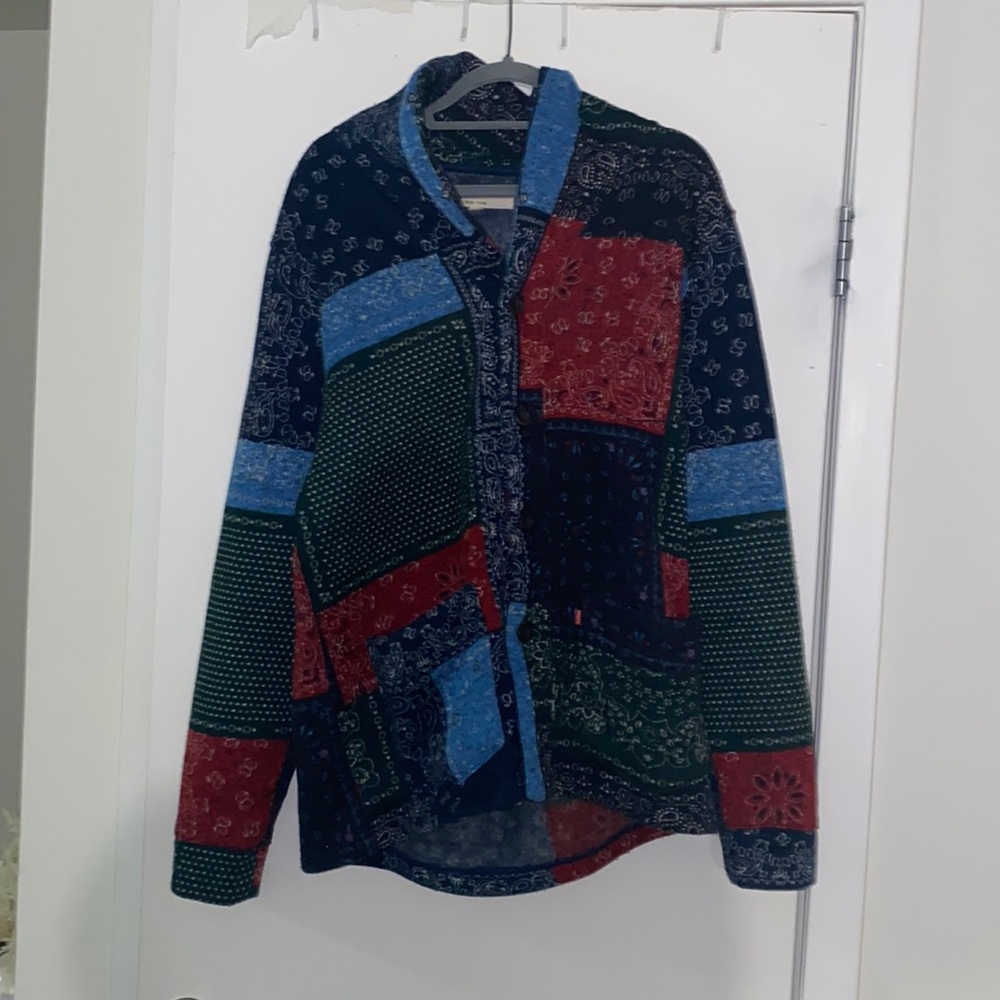 patterned “collage” sweater-shirt with buttons
